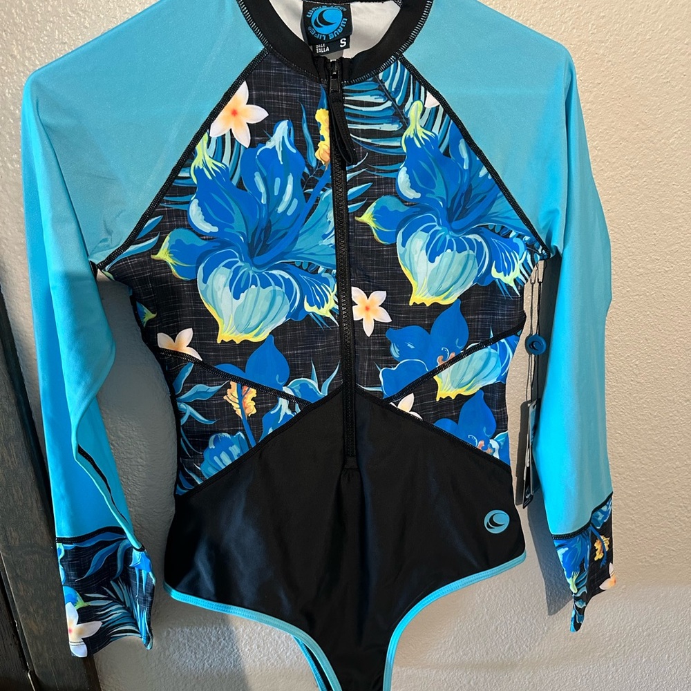 Tropical Blue Floral Long Sleeve One Piece Swimsuit